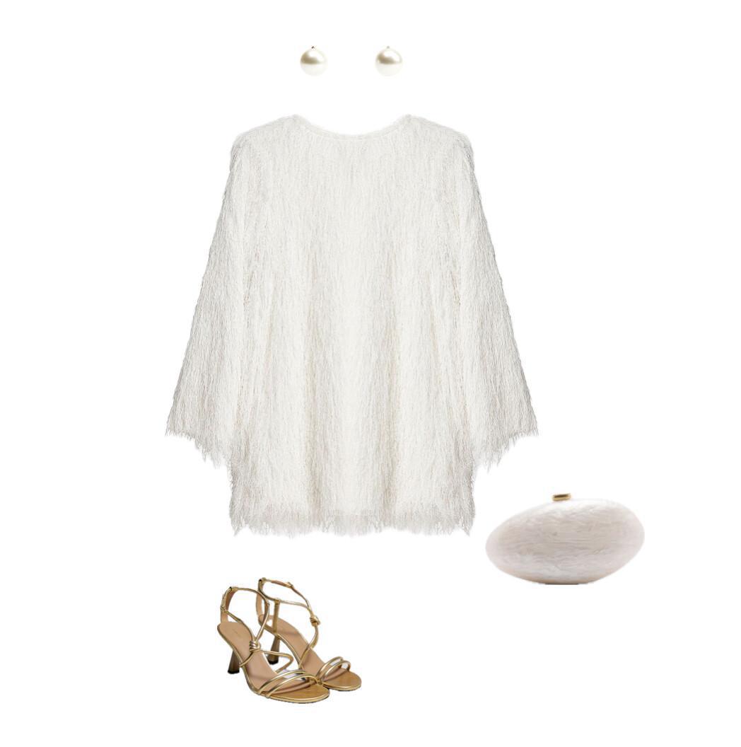 Outfit with a fringed white dress and metallic high-heeled sandals