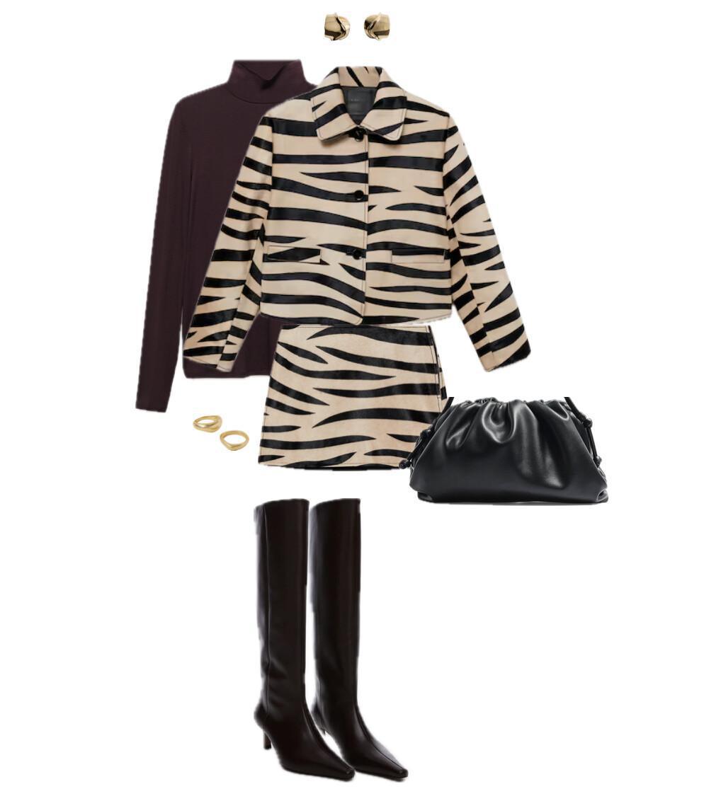 An Outfit with an Animal-Print Blazer and Mini Skirt Paired with Tube Boots