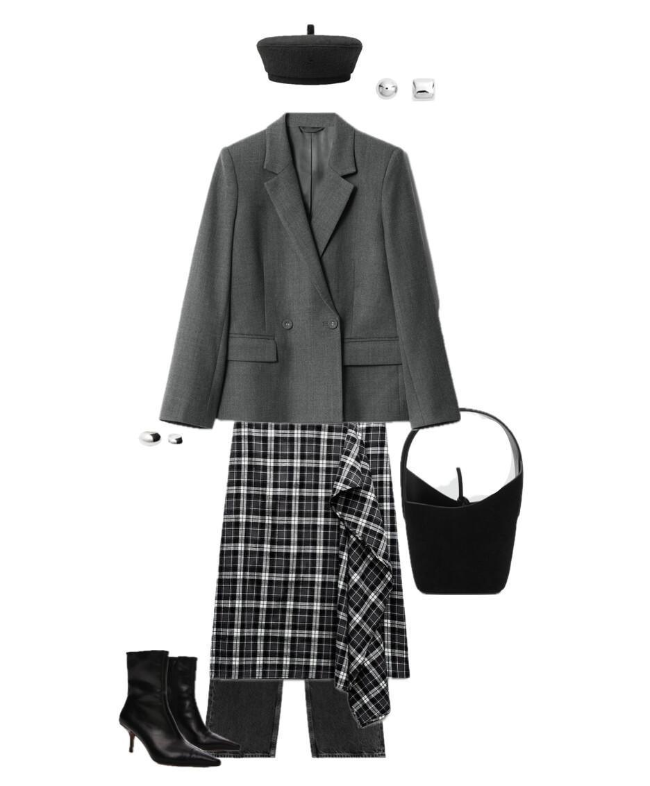 Double-Breasted Blazer Outfit with Plaid Skirt