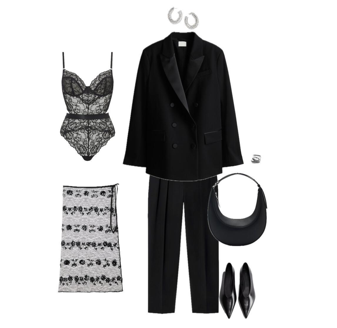 Total Black Outfit with a Structured Double-Breasted Blazer and a Statement Lace Skirt