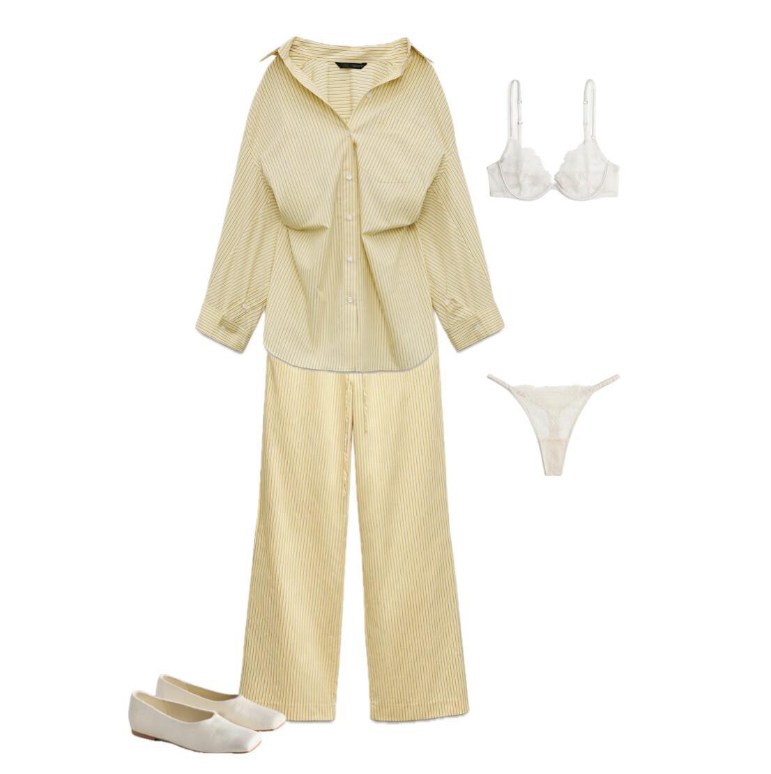 Outfit with a Relaxed Yellow Suit and Lace Lingerie