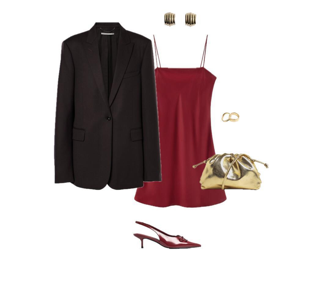 Outfit featuring an oversized blazer paired with a silky red slip dress