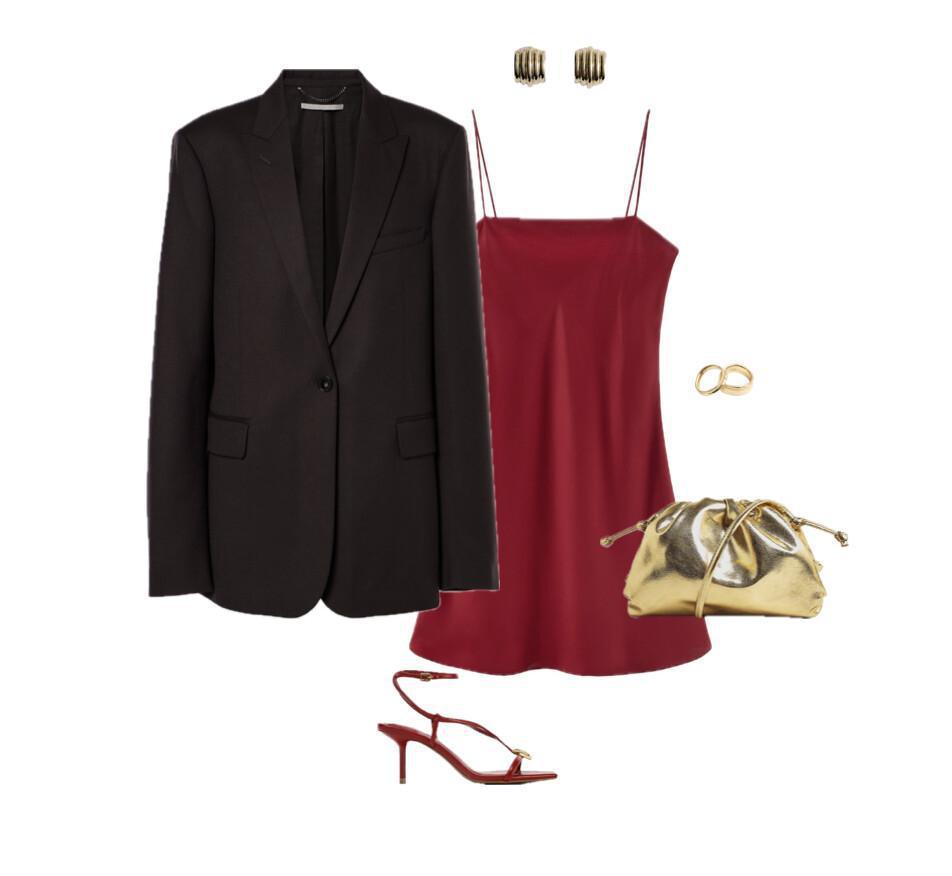 Outfit featuring an oversized blazer paired with a silky red slip dress