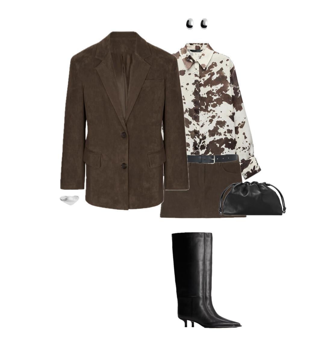 Trendy Suede Suit Look with a Statement Animal Print Blouse