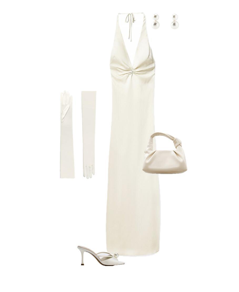 An outfit with a white sophisticated dress and pearl-embellished mules
