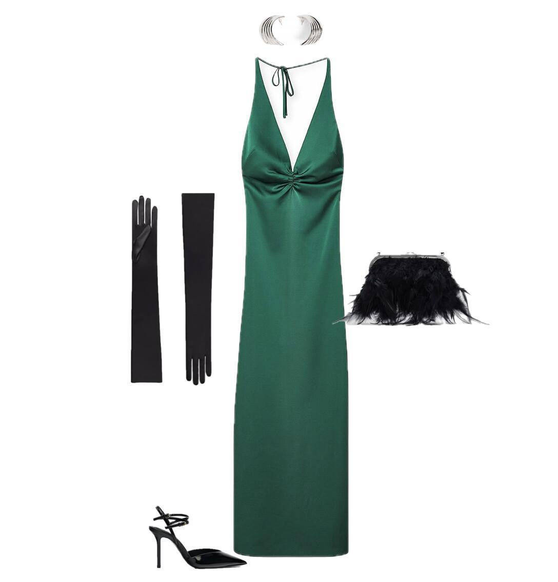 Outfit featuring a green dress and a feathered handbag