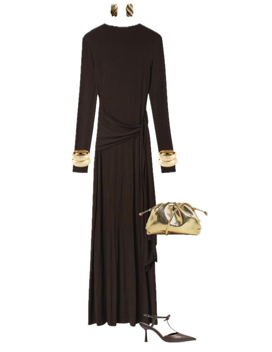 An outfit featuring a deep brown dress paired with gold metal accessories