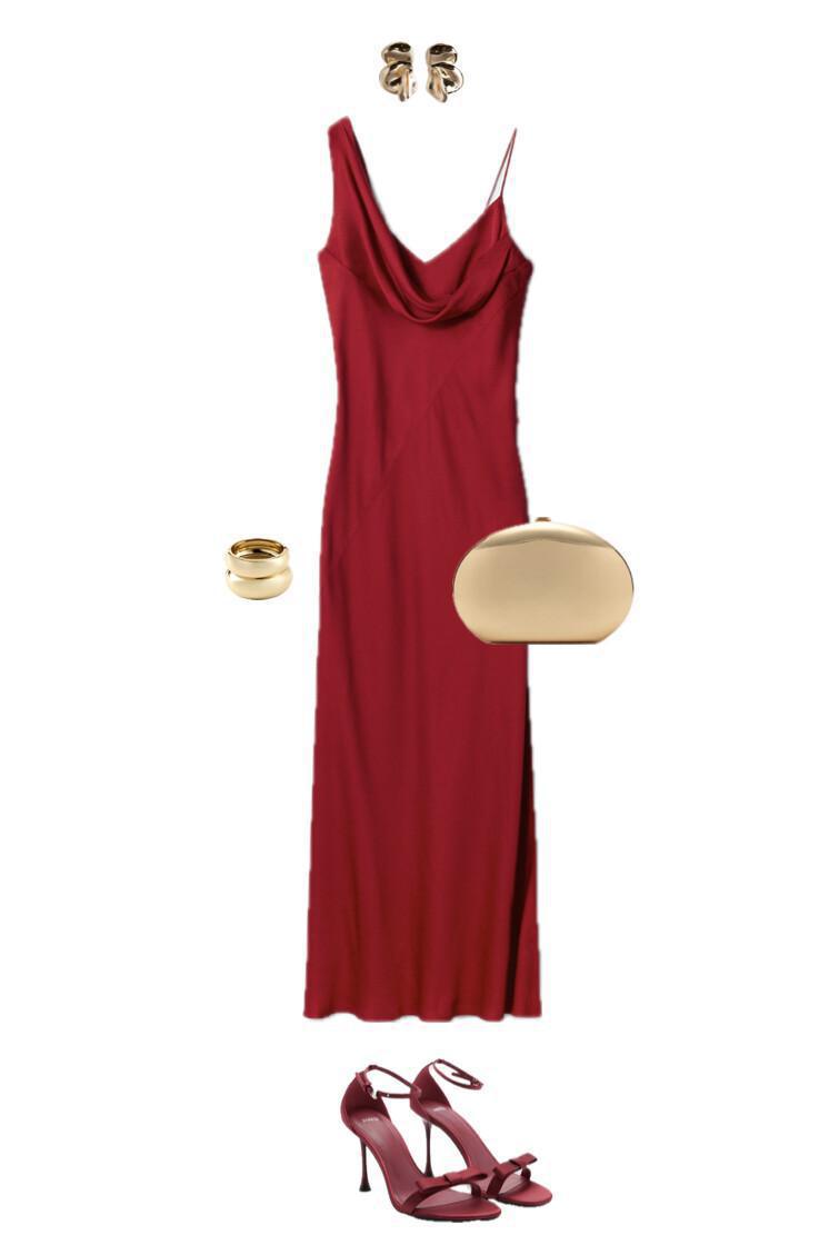 An outfit featuring a red dress paired with statement accessories
