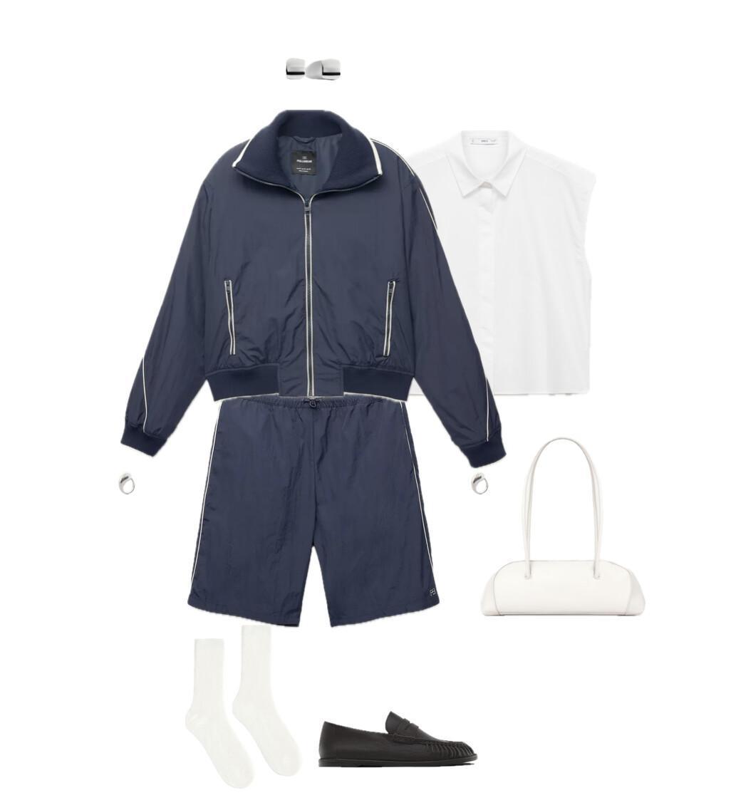 An outfit featuring a blue tracksuit paired with relaxed brown loafers