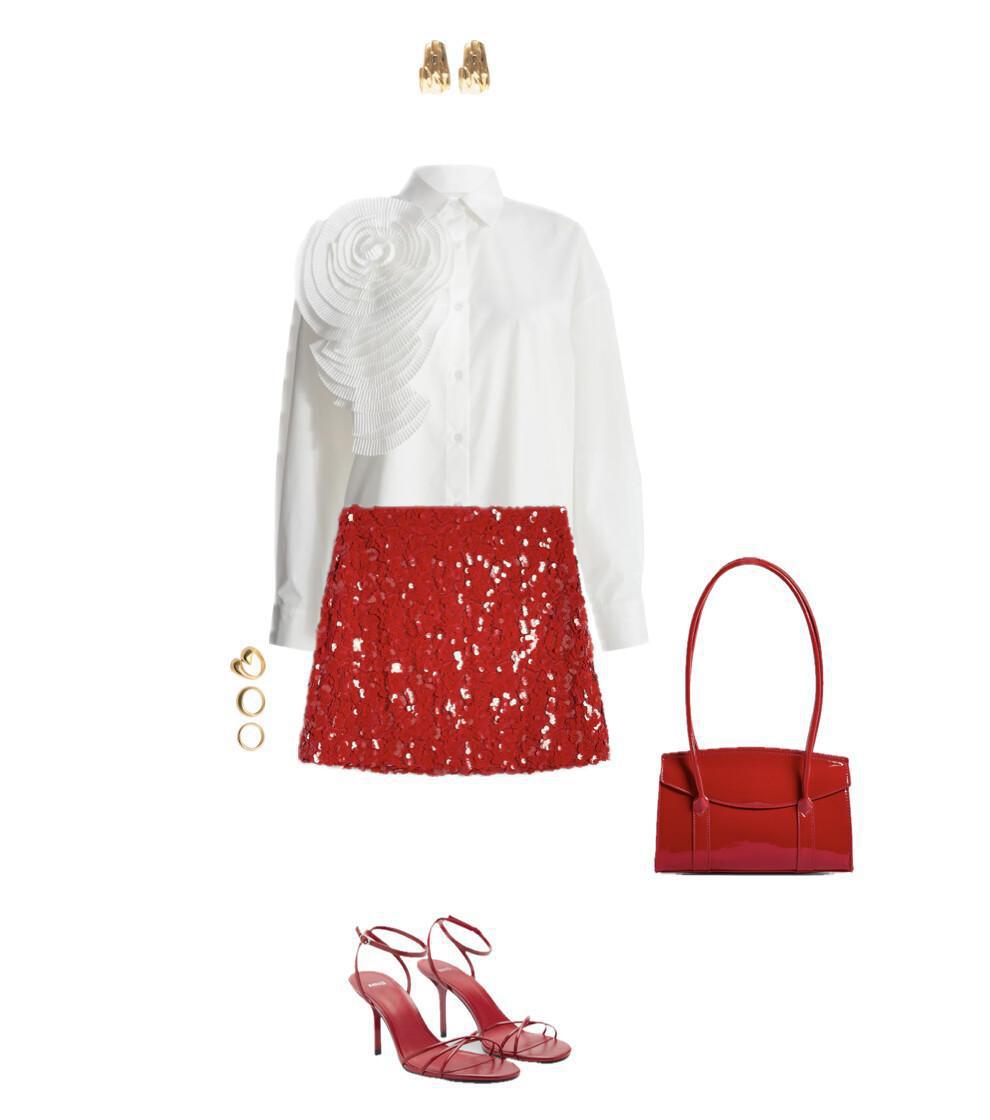 An outfit featuring a statement floral shirt paired with a shimmering mini skirt