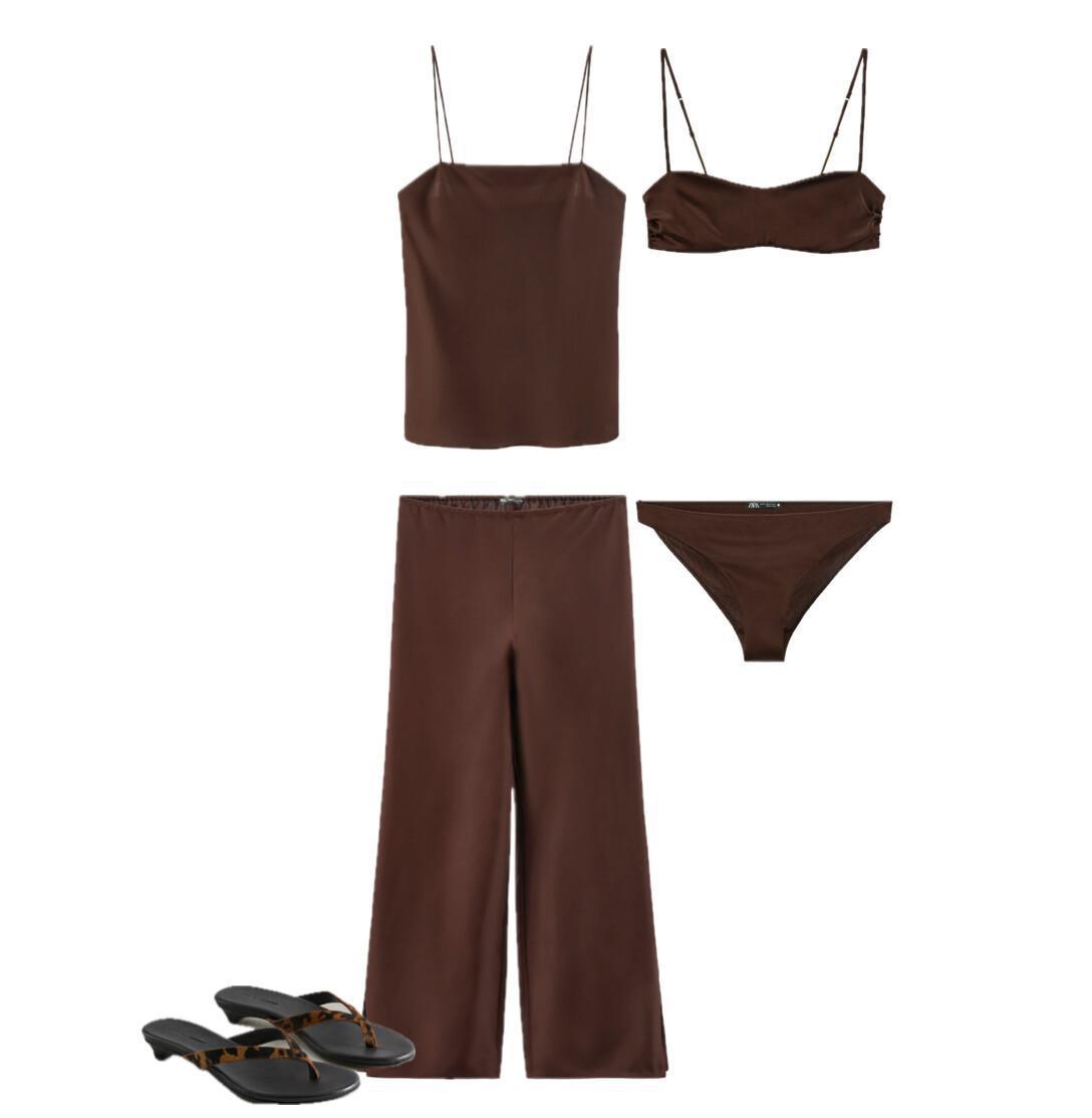 A outfit featuring a brown silk suit paired with lingerie