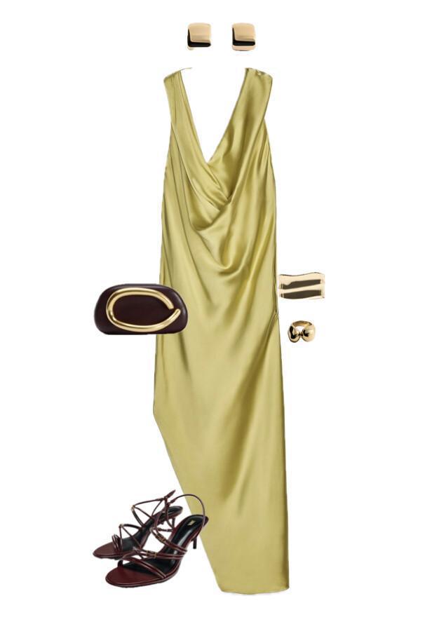 Outfit featuring a satin dress and statement accessories