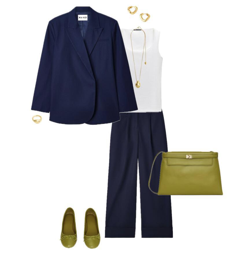 Outfit with a blue suit and statement accessories