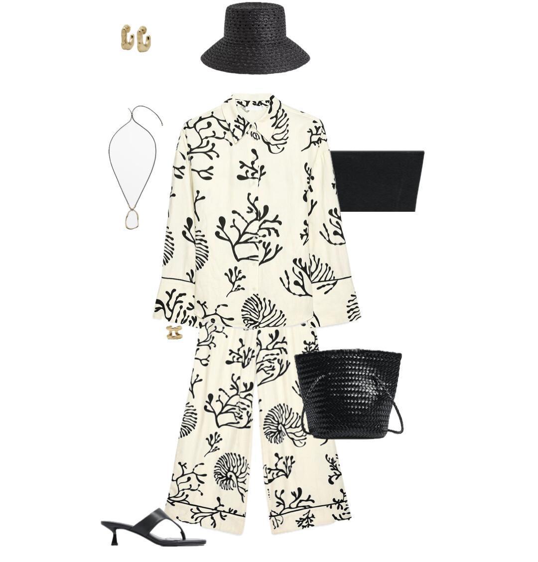 Outfit featuring a printed suit and woven accessories