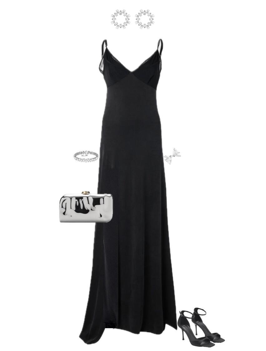 Outfit with a black maxi dress and statement accessories