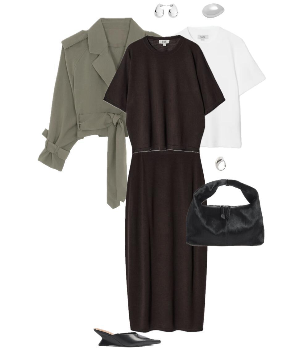An outfit with a brown set and a furry bag