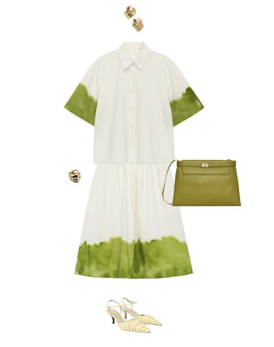 An outfit featuring a matching skirt and shirt set, styled with bold accents and trendy accessories