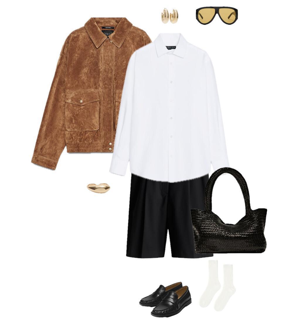 An outfit featuring a suede jacket and structured Bermuda shorts