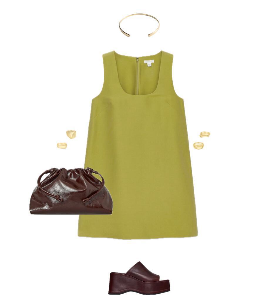 Outfit featuring a green dress paired with burgundy accessories