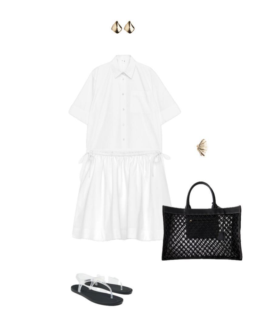 An outfit consisting of a white cotton set and accessories