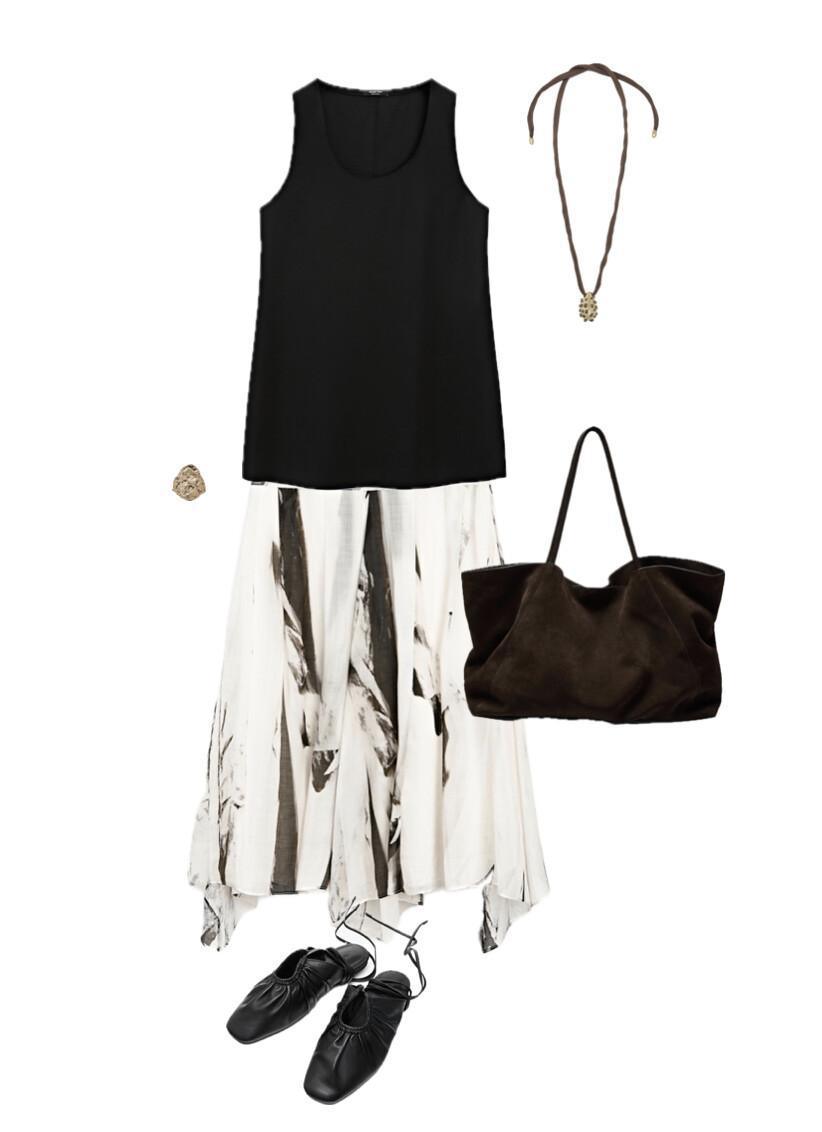 An outfit featuring a statement skirt and minimal accessories