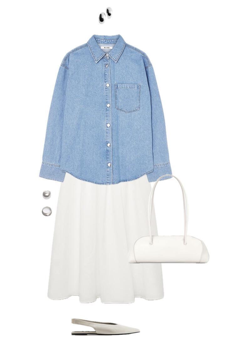 An outfit featuring a basic skirt and a denim shirt