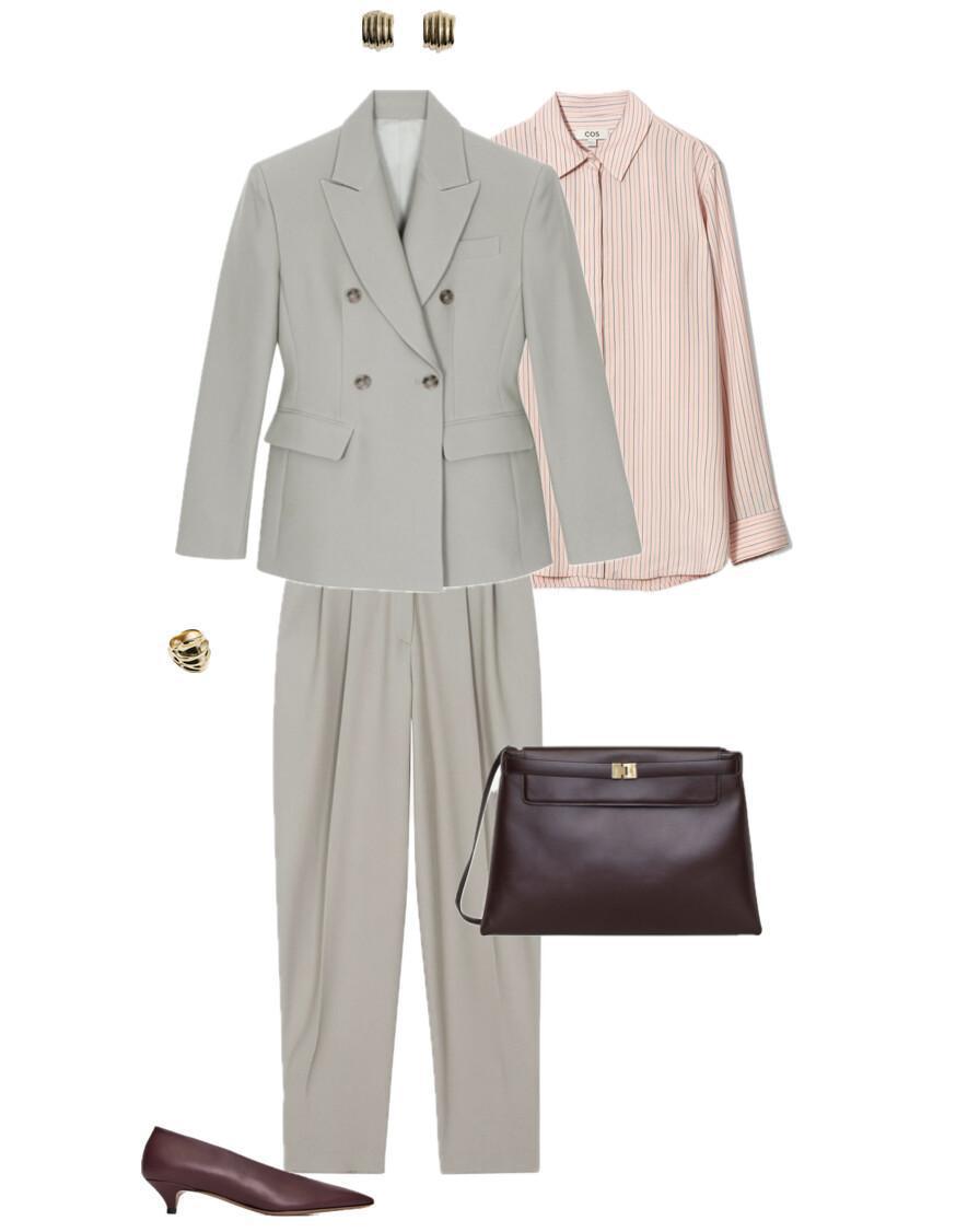 An outfit featuring a grey suit and burgundy accessories