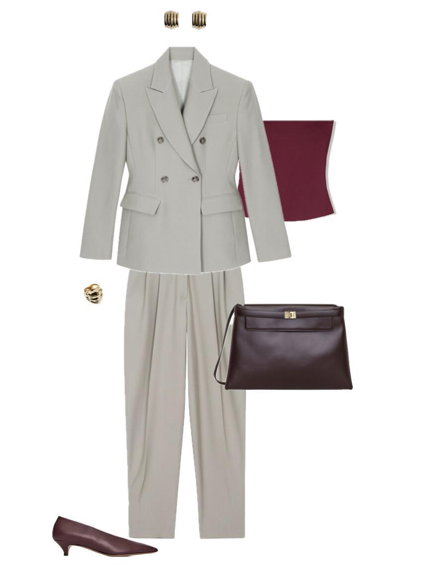 Copy of An outfit featuring a grey suit and burgundy accessories