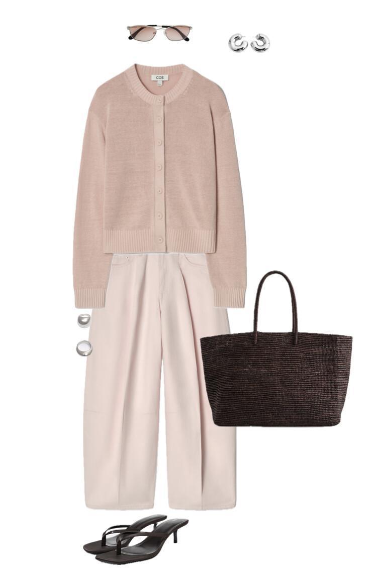 Outfit in a pastel pink palette with brown accents