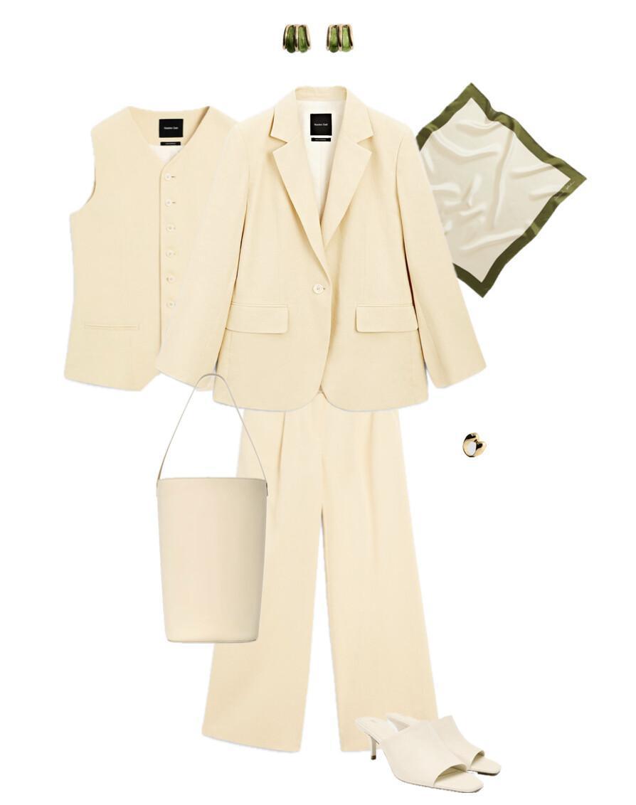 Outfit in a butter yellow set complemented by accessories