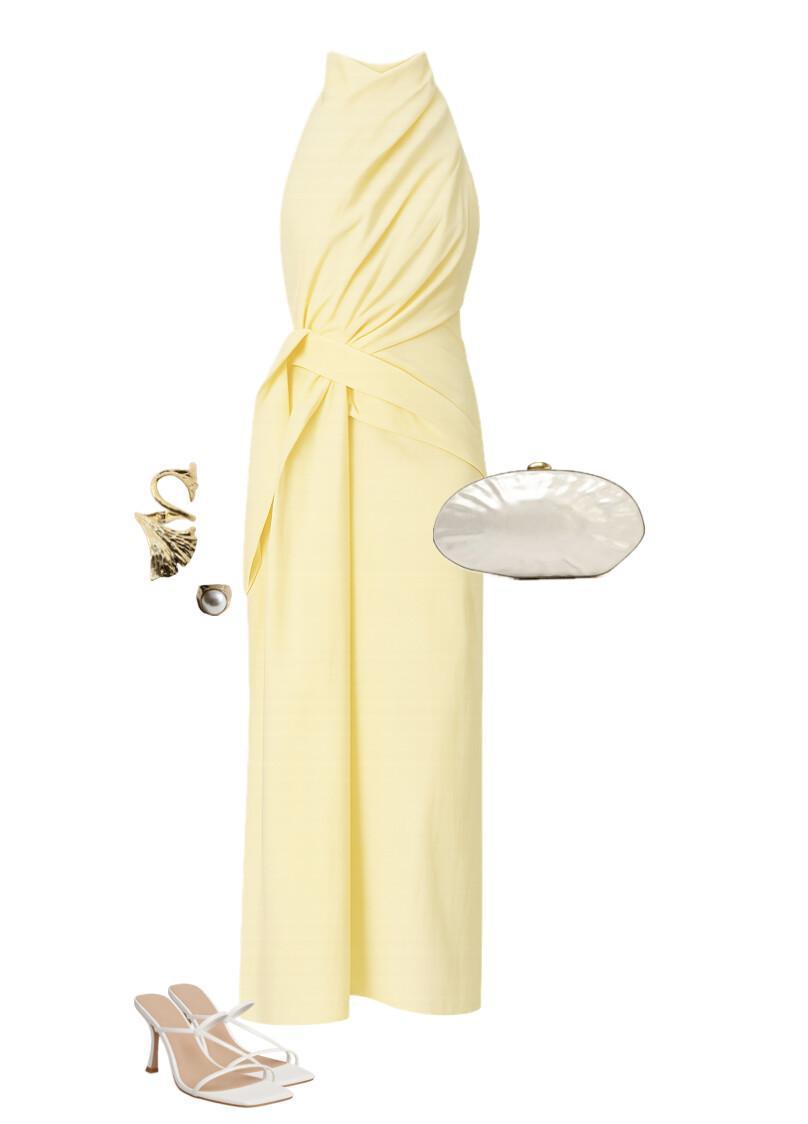 Outfit featuring a draped dress in a trendy color