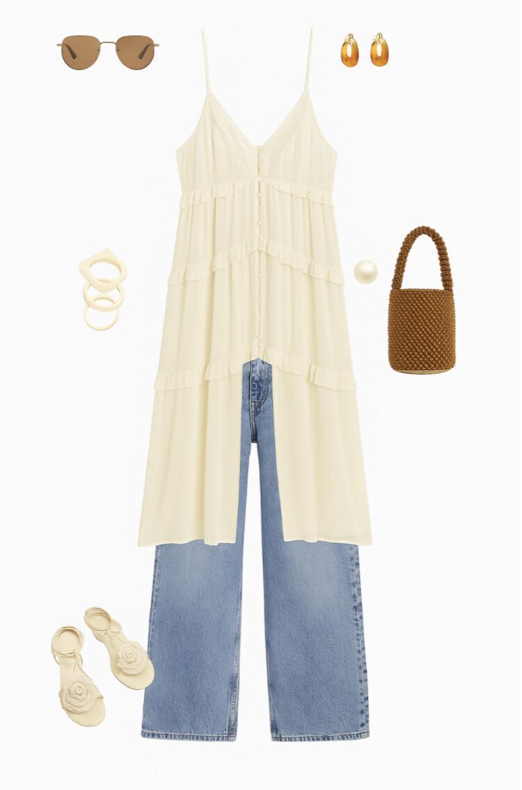 Outfit with a dress and relaxed jeans