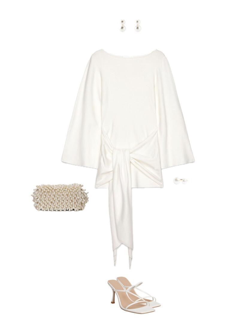 Outfit with a white dress featuring statement draping