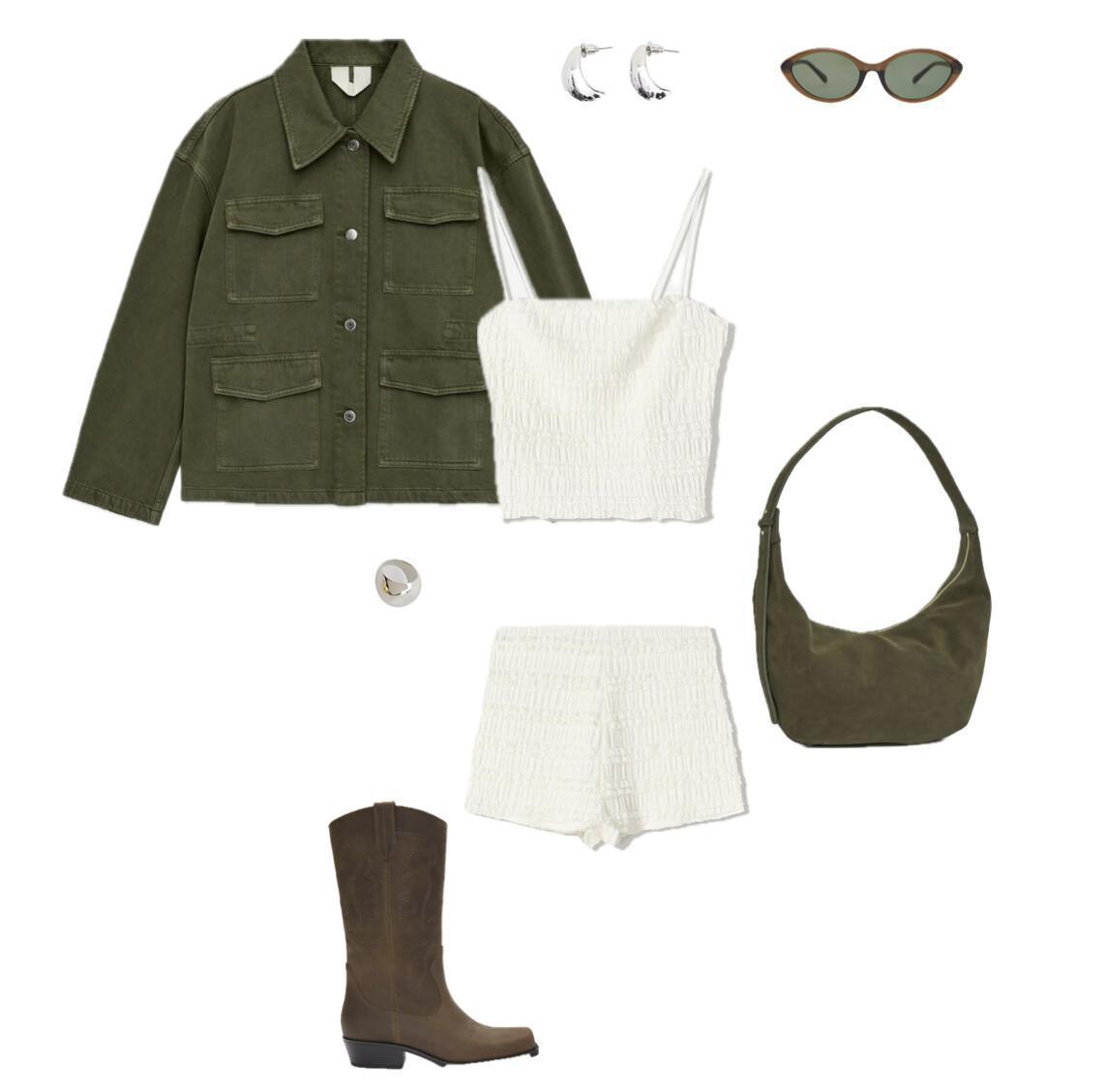 Outfit with a khaki jacket and a smocked co-ord set