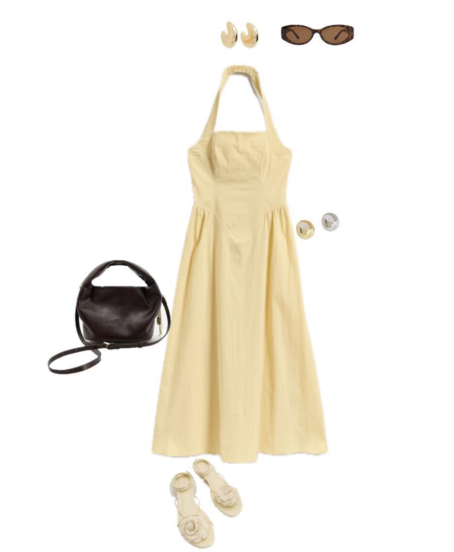 Outfit with a dress in a trendy color