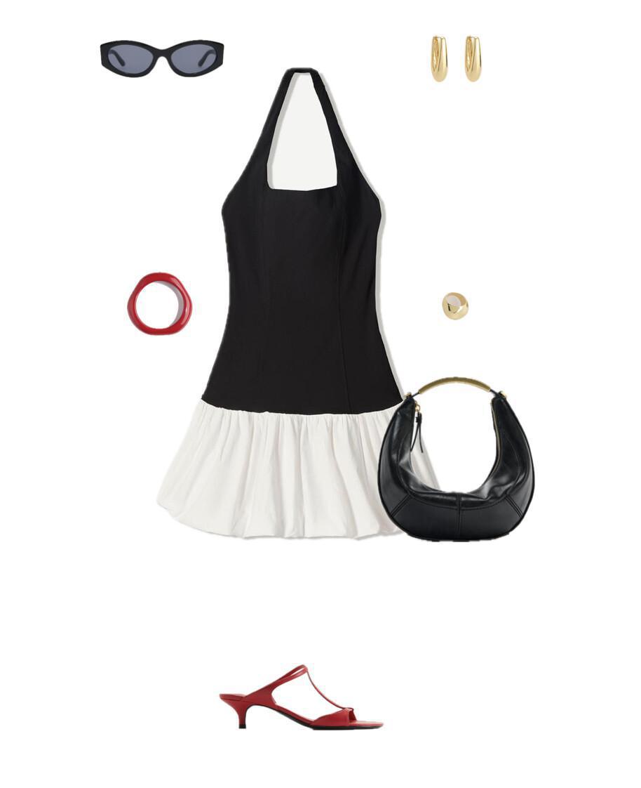 Outfit with a black-and-white dress and red sandals