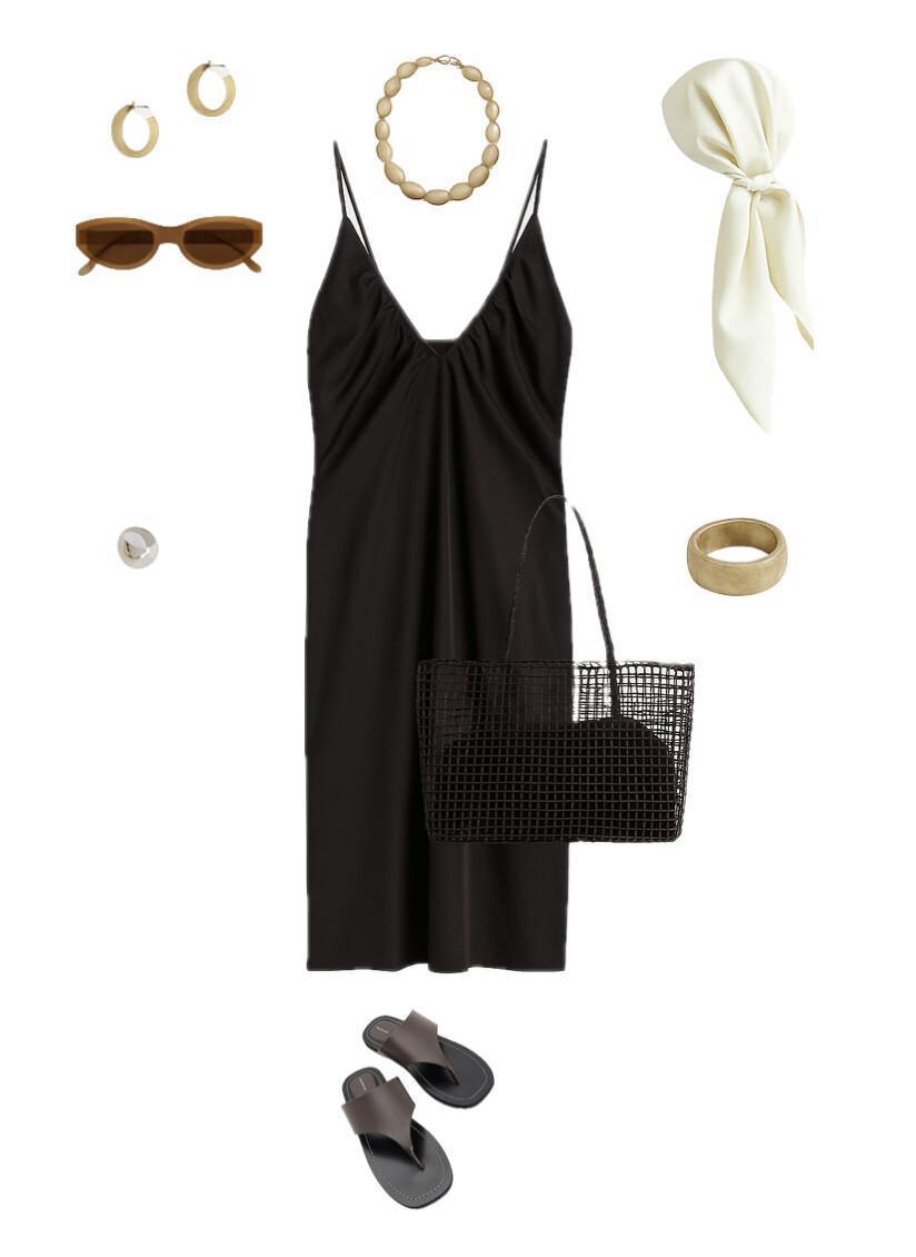 Outfit with Brown Slip Dress and Brown Sandals
