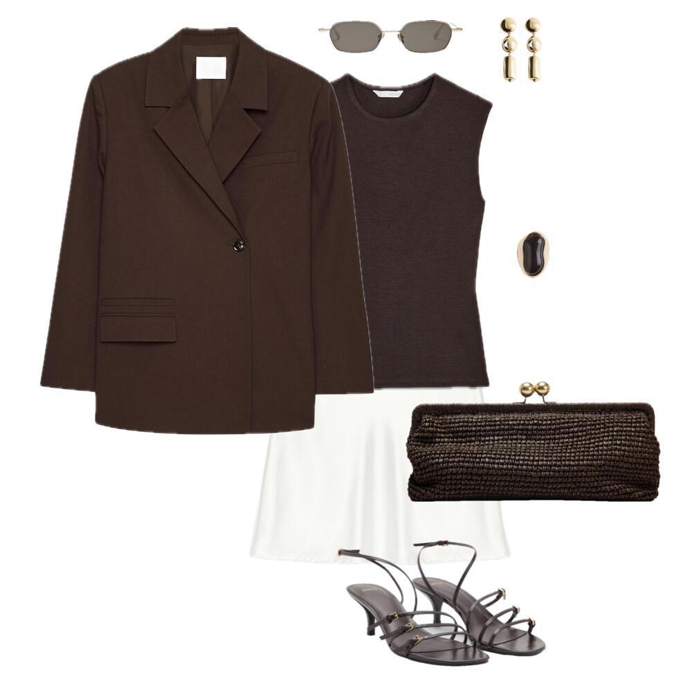 Outfit with brown blazer and white skirt