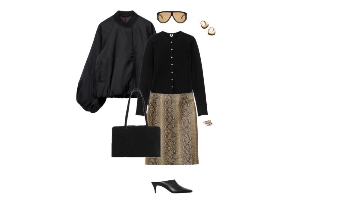 Outfit with Bomber Jacket and Python-Print Skirt