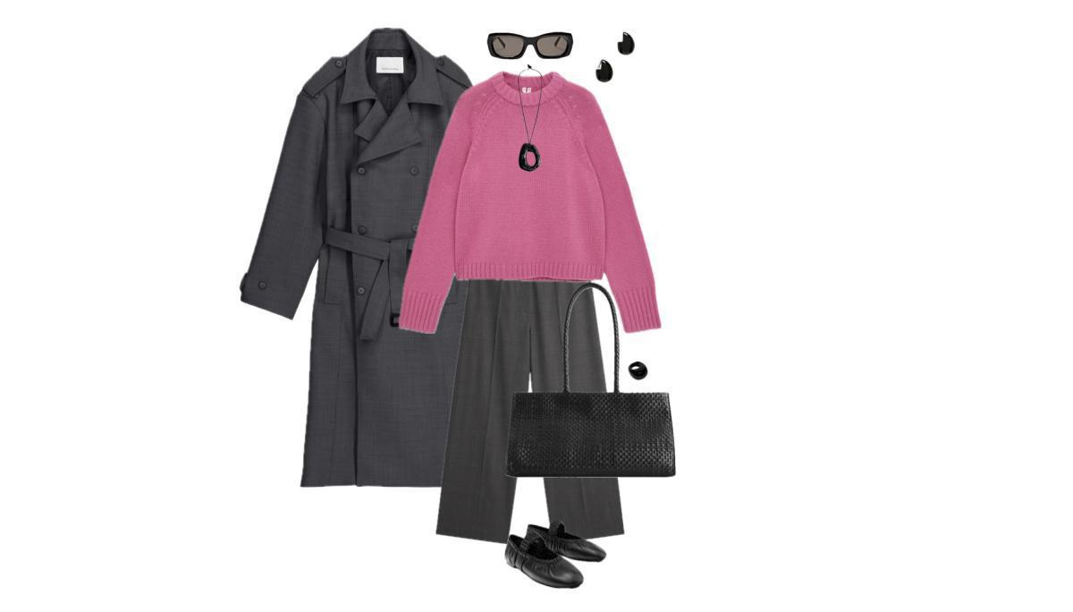 Outfit with Pink Sweater and Gray Trench Coat