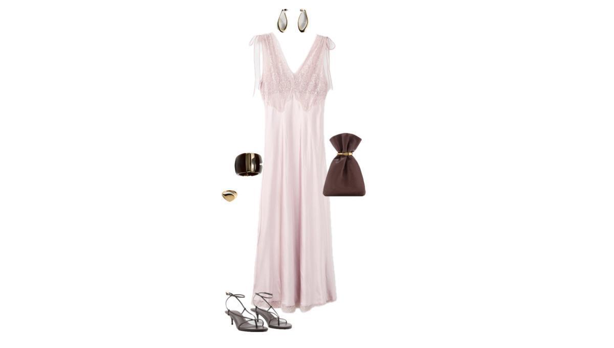 Outfit with a pink lace dress and brown pouch bag