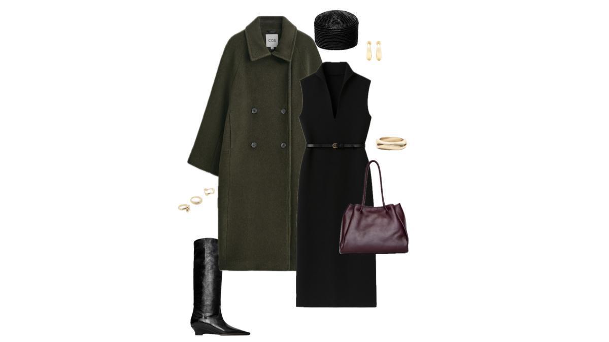 Outfit with an olive double-breasted coat and black knee-high boots