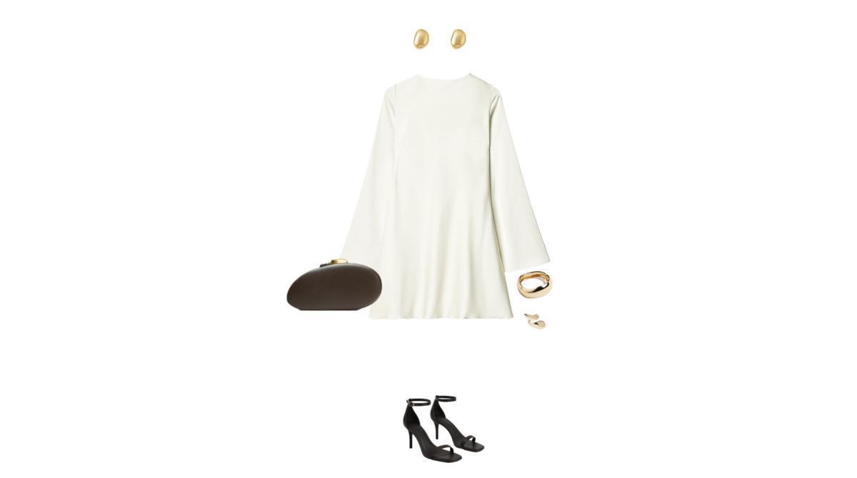 Outfit with a cream mini dress and black ankle-tie heels Outfit with a cream mini dress and black ankle-tie heels