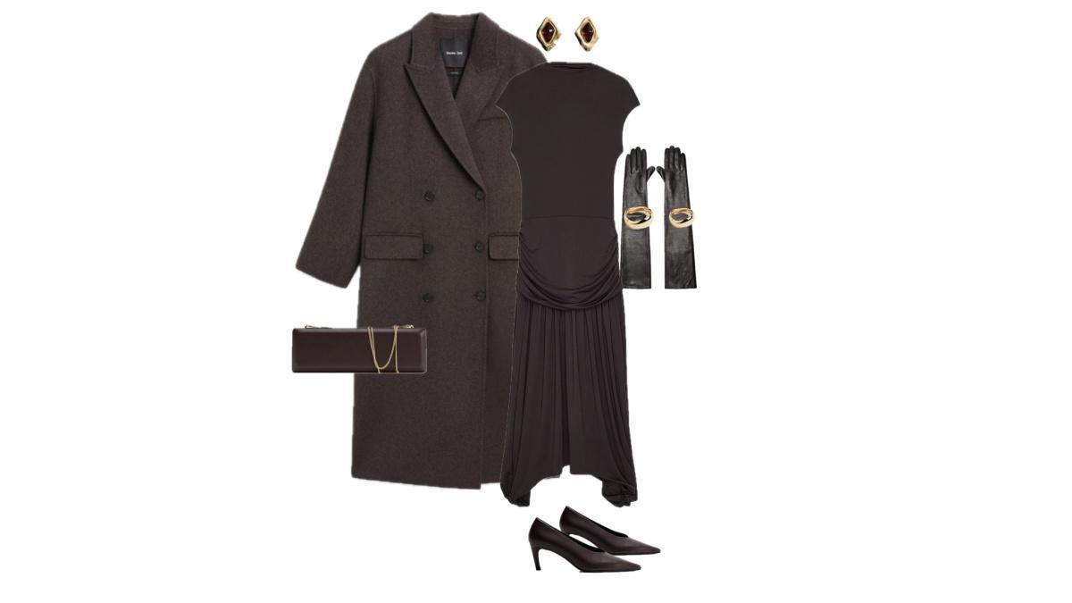 Outfit with a dark brown coat and draped dress