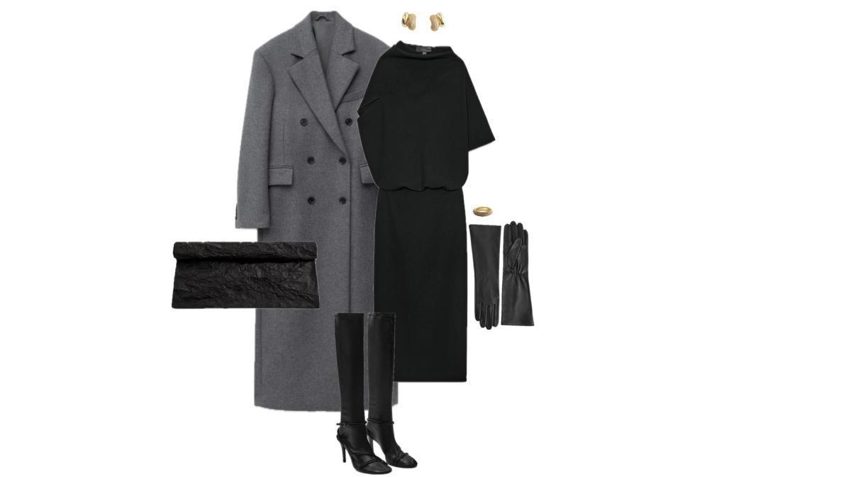 Outfit with a gray wool coat and black draped dress