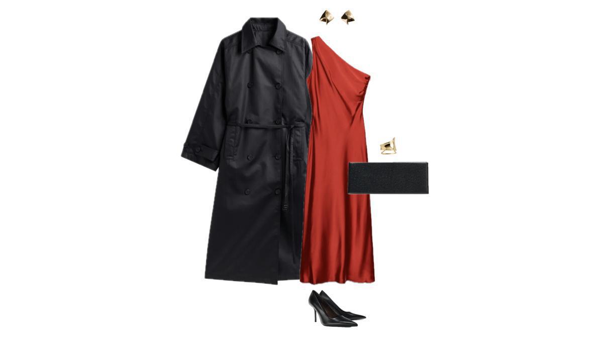 Outfit with a black trench coat and red one-shoulder dress Outfit with a black trench coat and red one-shoulder dress