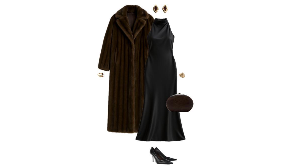 Outfit with a brown faux fur coat and black satin evening dress