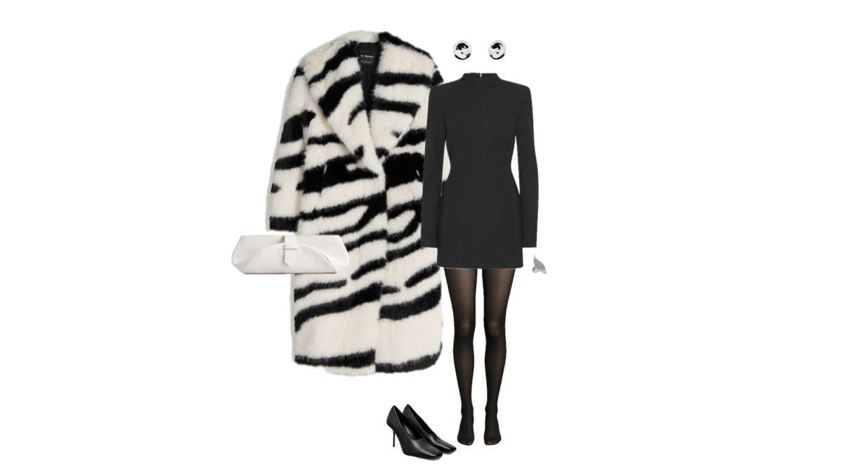 Outfit with a zebra faux-fur coat and black mini dress Outfit with a zebra faux-fur coat and black mini dress