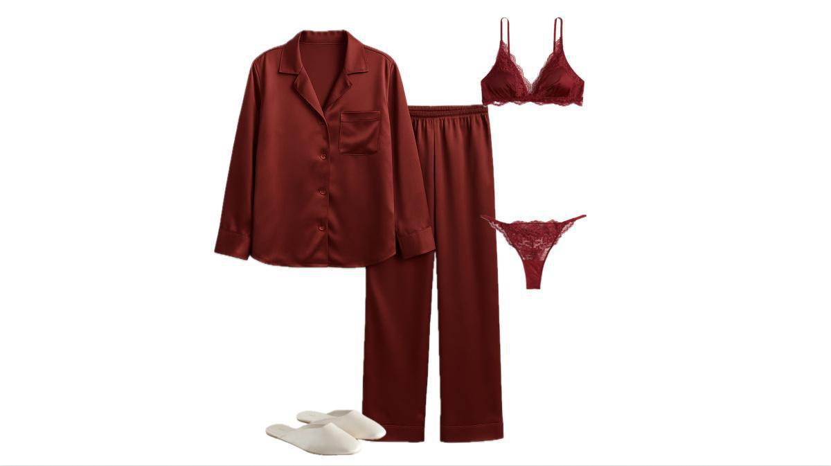 Outfit with a red satin pajama set and cream slippers