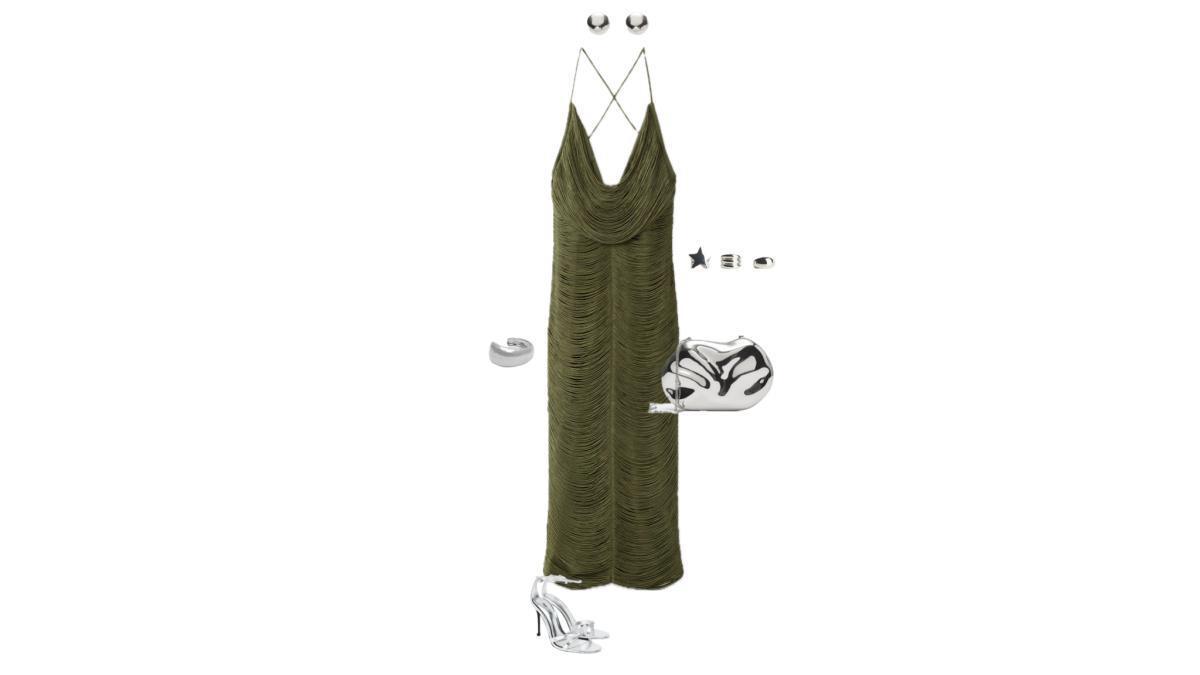 Outfit with an Olive Draped Dress and Metallic Heels Outfit with an Olive Draped Dress and Metallic Heels